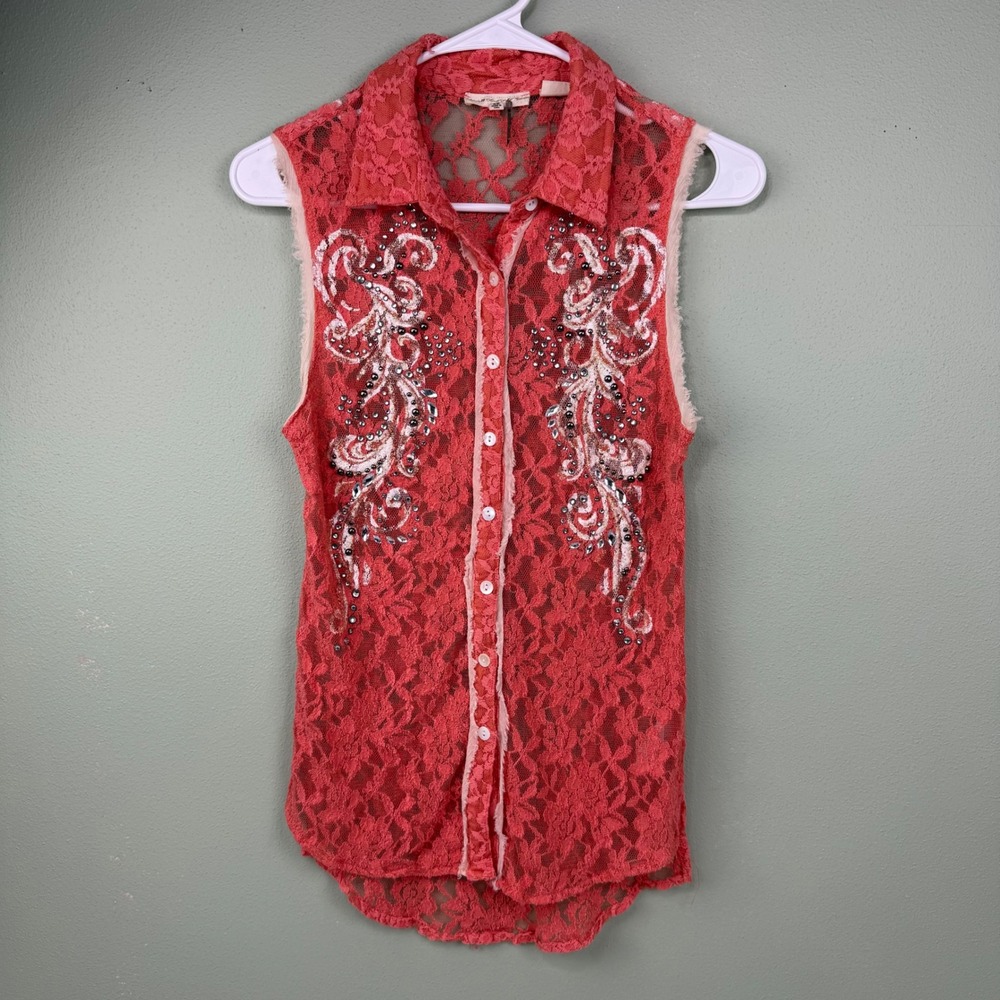 Miss Me Womens XS Coral Pink Lace Rhinestone Embellished Sleeveless Top MDT330